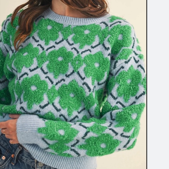 &merci Sweaters - Fuzzy Flower Crew Sweater Green and Blue Patterned Women's Sweater